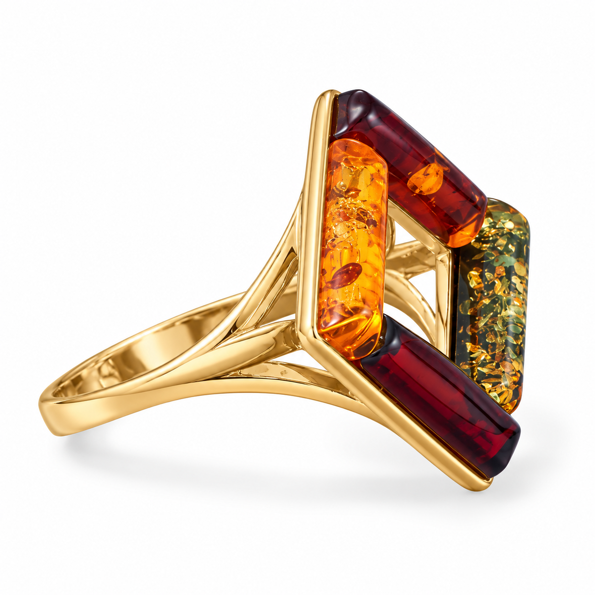 24K Gold Plated Square Multicolor Baltic Amber Ring 15mm Poland 2mm Sizes 6-10