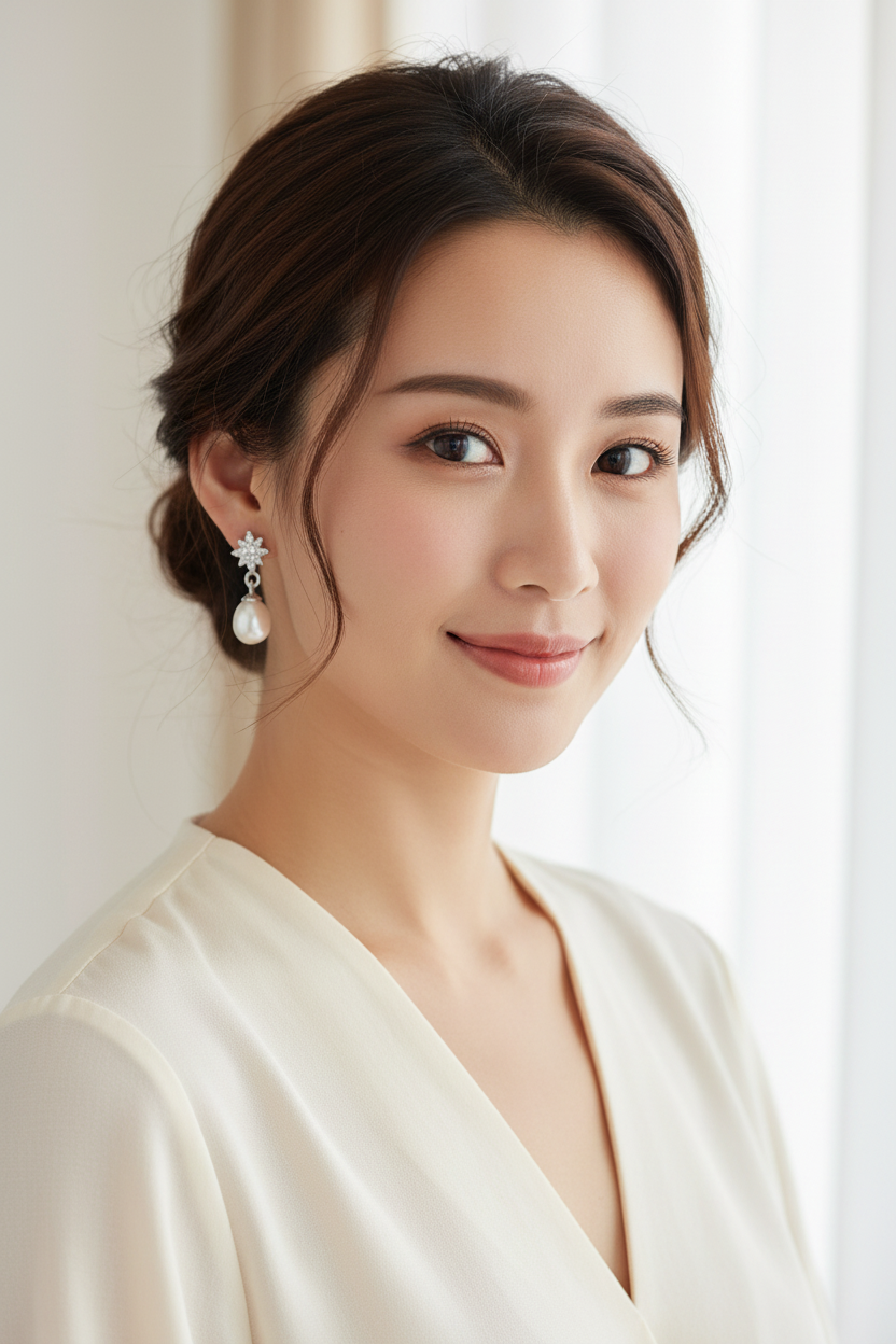 Elegant Asian woman wearing pearl blossom earrings
