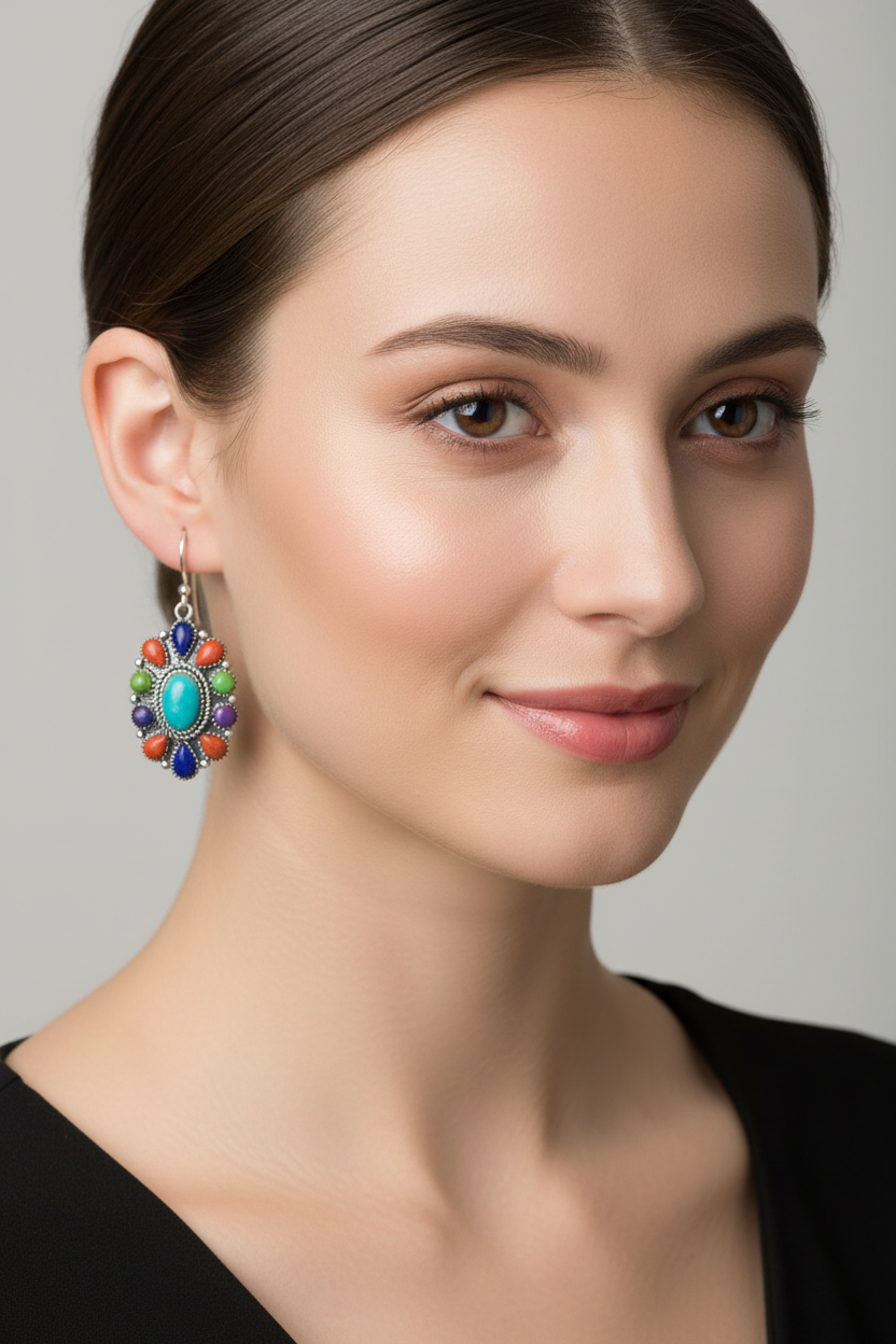 Elegant Model Multi-Gemstone Flower Earrings