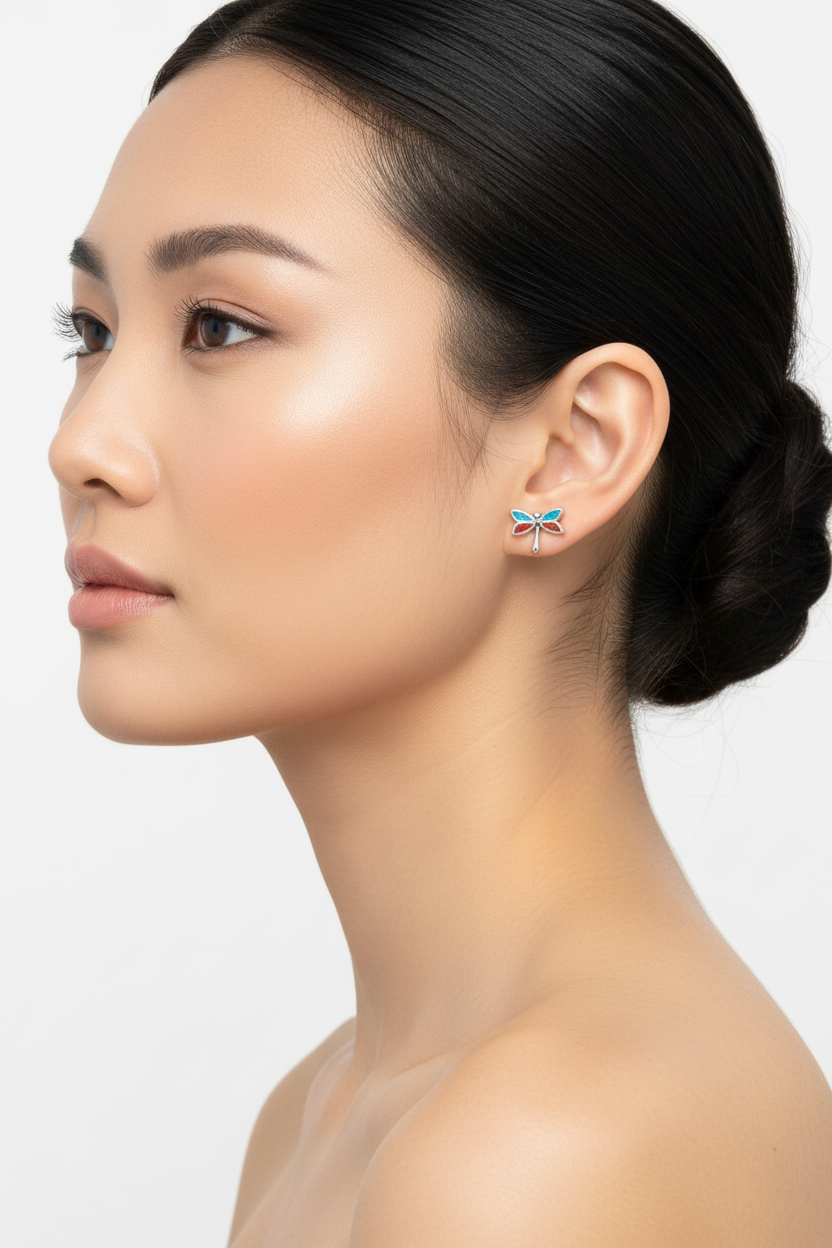 Elegant side profile with tiny dragonfly studs