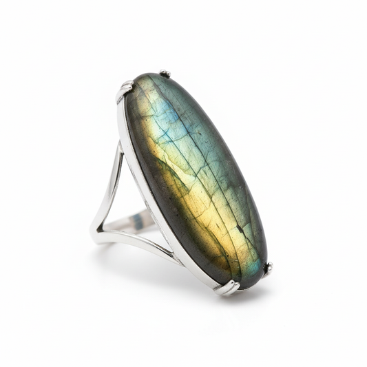 Elongated Oval Labradorite Split Band Silver Ring Angled White Background HD