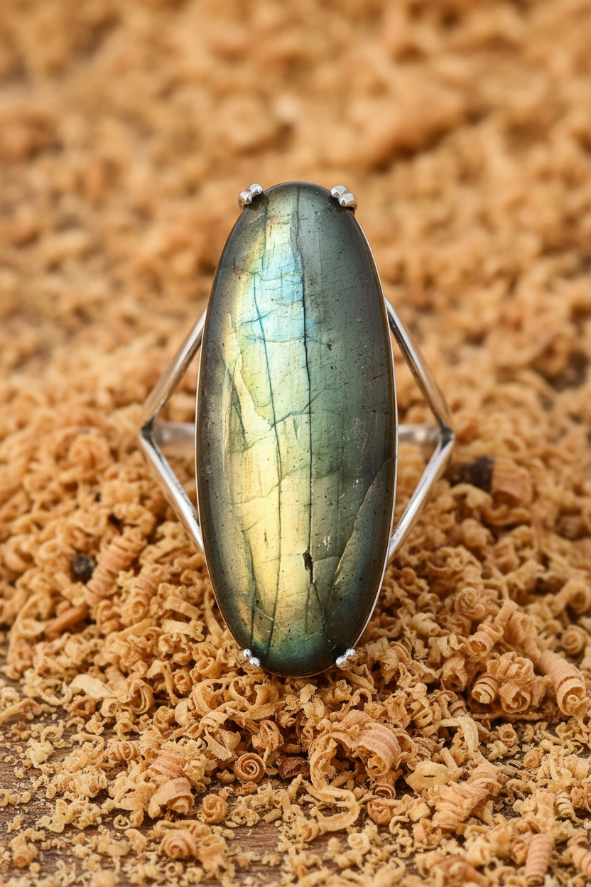 Elongated Oval Labradorite Split Band Silver Ring Wood Sawdust Background