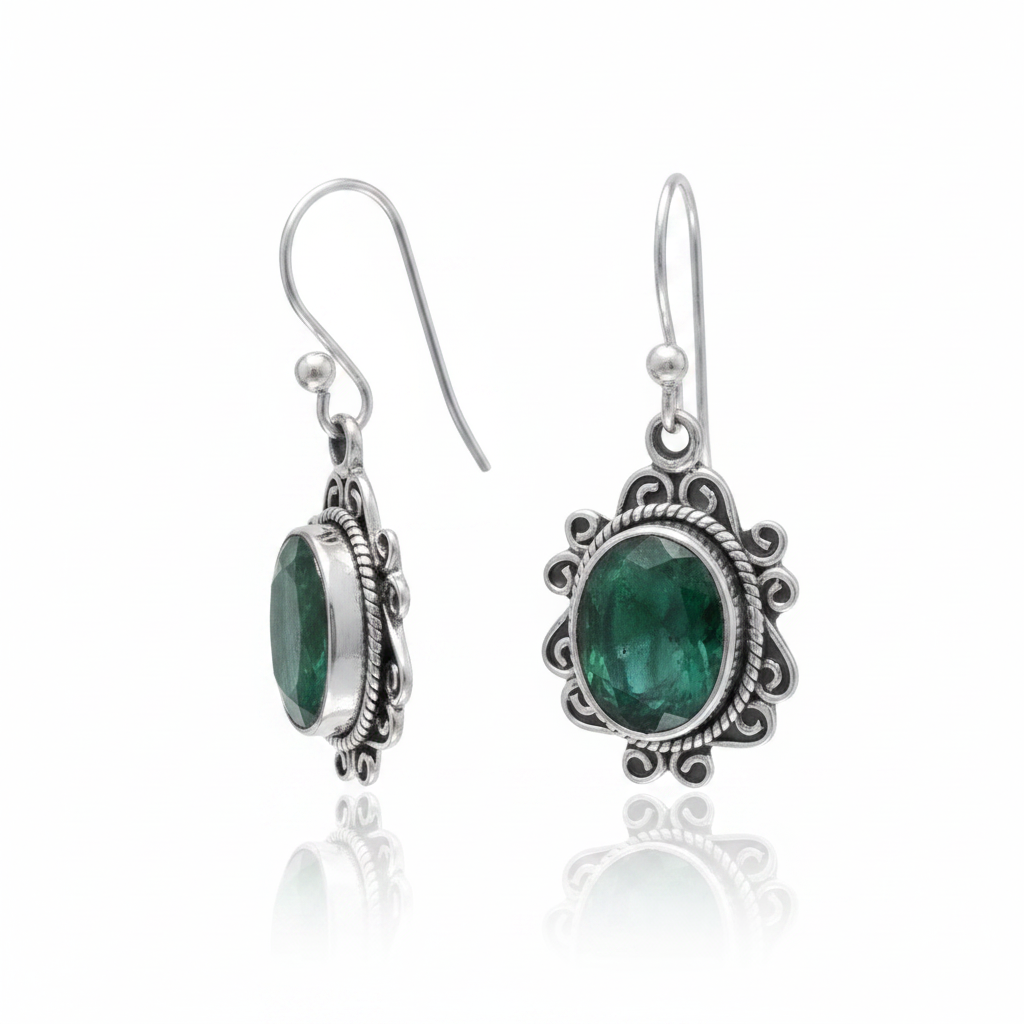 Emerald Filigree Earrings - White Background