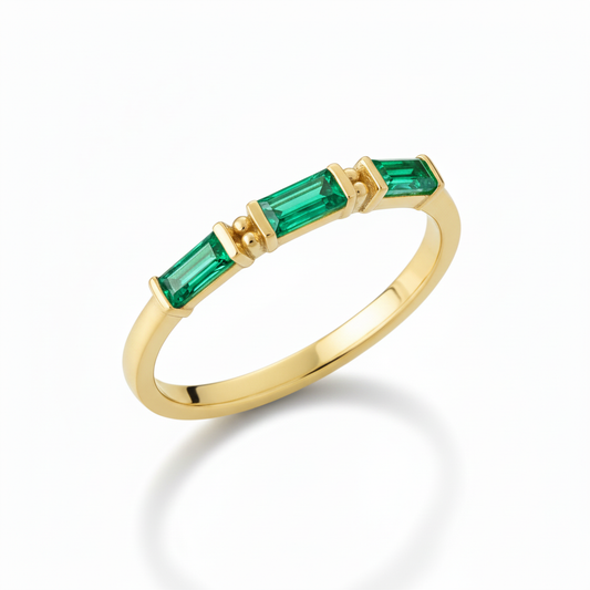 Emerald Green Baguette CZ Gold Ring Diagonal Upright White Background