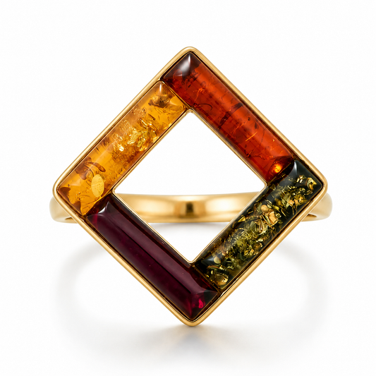 24K Gold Plated Square Multicolor Baltic Amber Ring 925 Silver 15mm Sizes 6-10