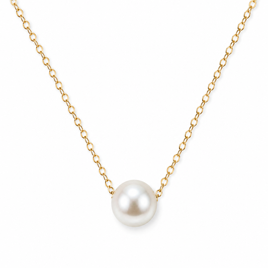 Cultured Freshwater Floating Pearl Necklace Solid 14K Yellow Gold 9-9.5mm 16"