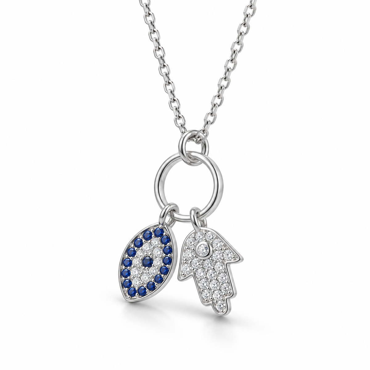 Hamsa Evil Eye CZ Necklace Rhodium 925 Silver Floating Charms 1mm Cable 16+2in