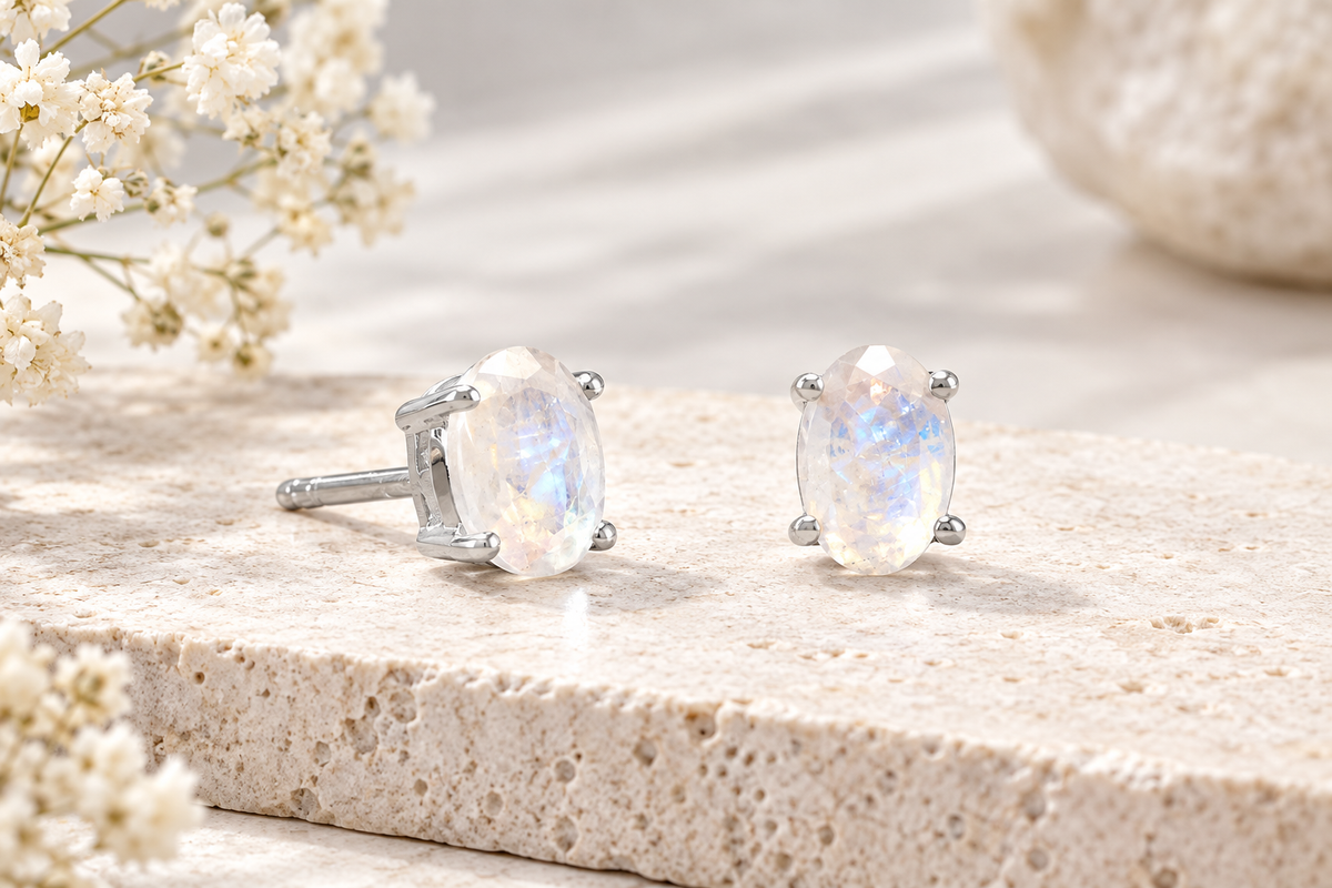 Rainbow Moonstone Stud Earrings 925 Sterling Silver 4mm x 6mm