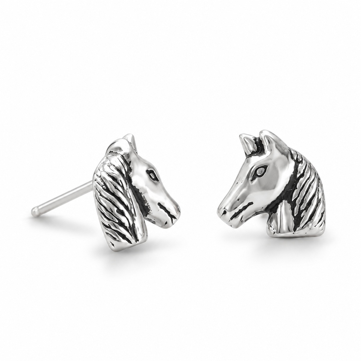 Horse Head Stud Earrings Oxidized 925 Sterling Silver 8mm