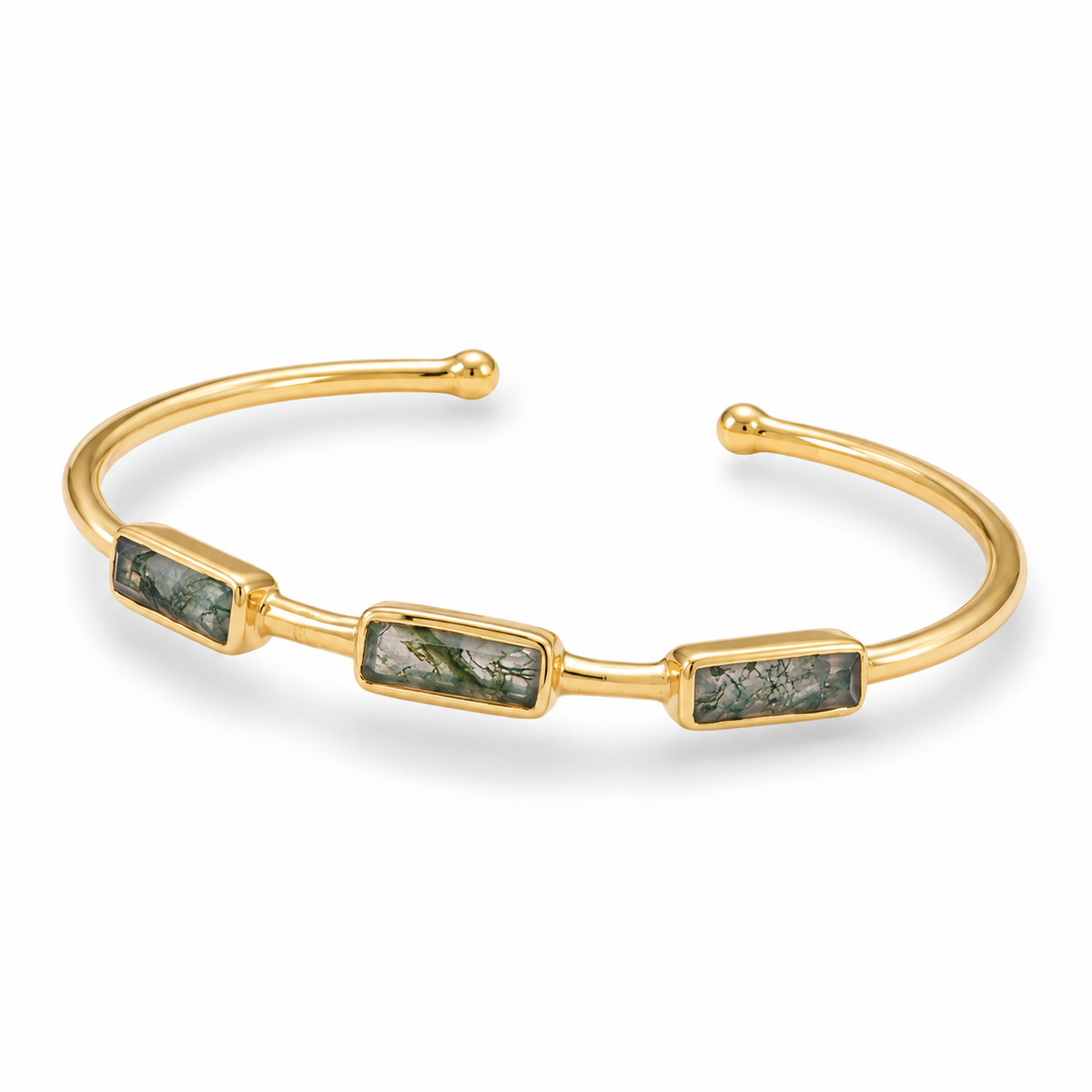 Moss Agate Baguette Cuff Bracelet 14K Gold Plated 925 Silver 10x3mm 1.8mm