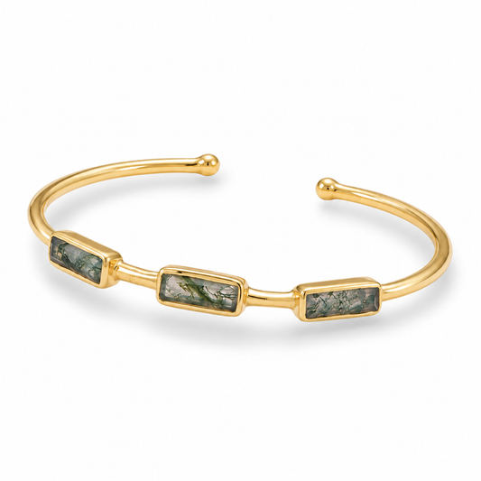 Moss Agate Baguette Cuff Bracelet 14K Gold Plated 925 Silver 10x3mm 1.8mm