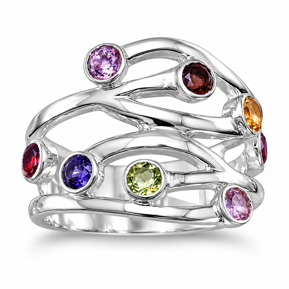 5-Stone Open Band Ring 925 Silver Amethyst Garnet Iolite Citrine Peridot 3.5mm