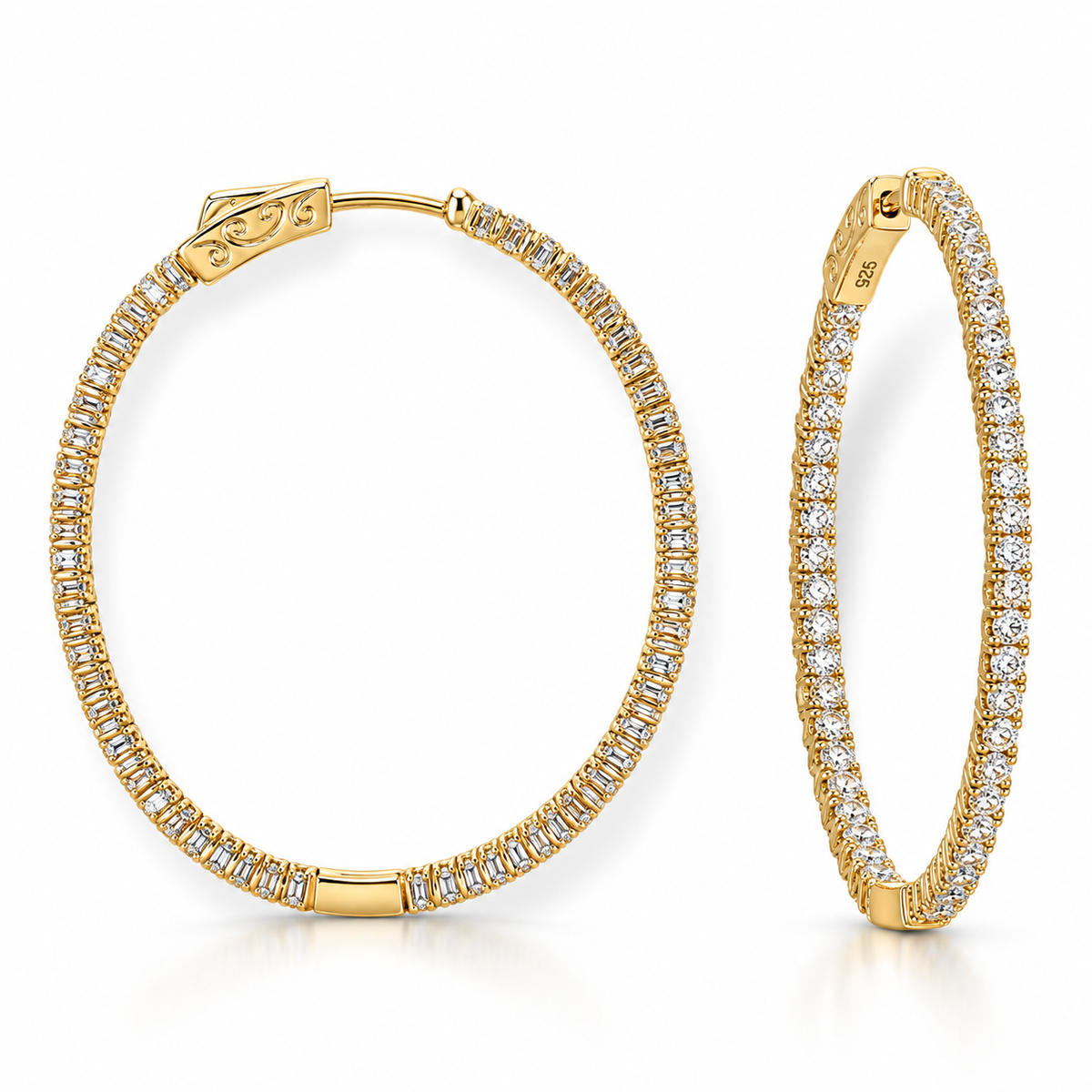 CZ Inside-Outside Oval Hoop Earrings 14K Gold Plated 925 Sterling Silver 38mm