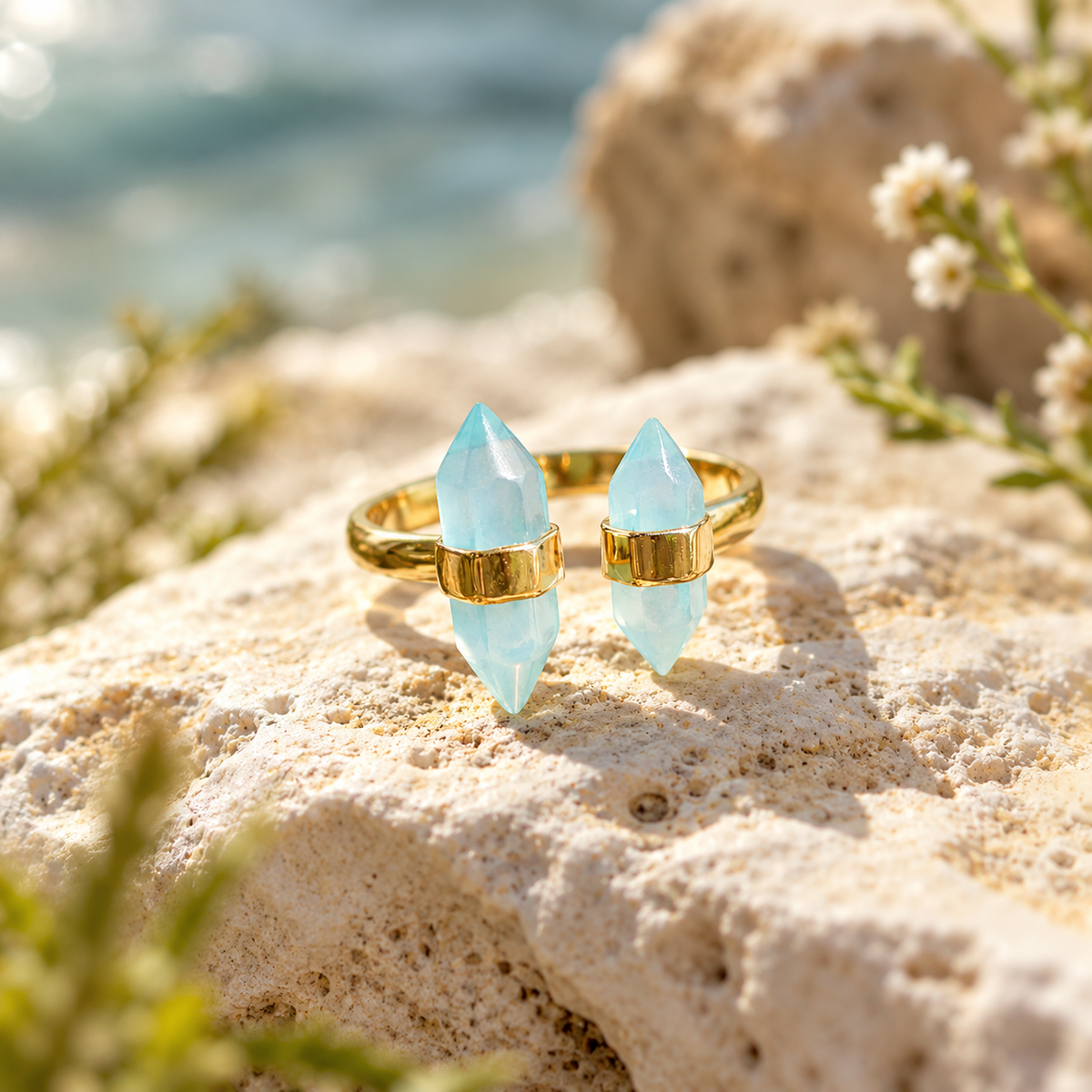 14K Gold Plated Aqua Chalcedony Split Ring 925 Silver 2 Pencil Cut Sizes 5-9