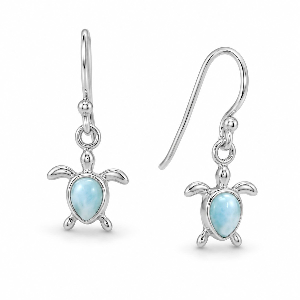 Larimar Sea Turtle French Wire Earrings Rhodium Plated 925 Sterling Silver 22mm