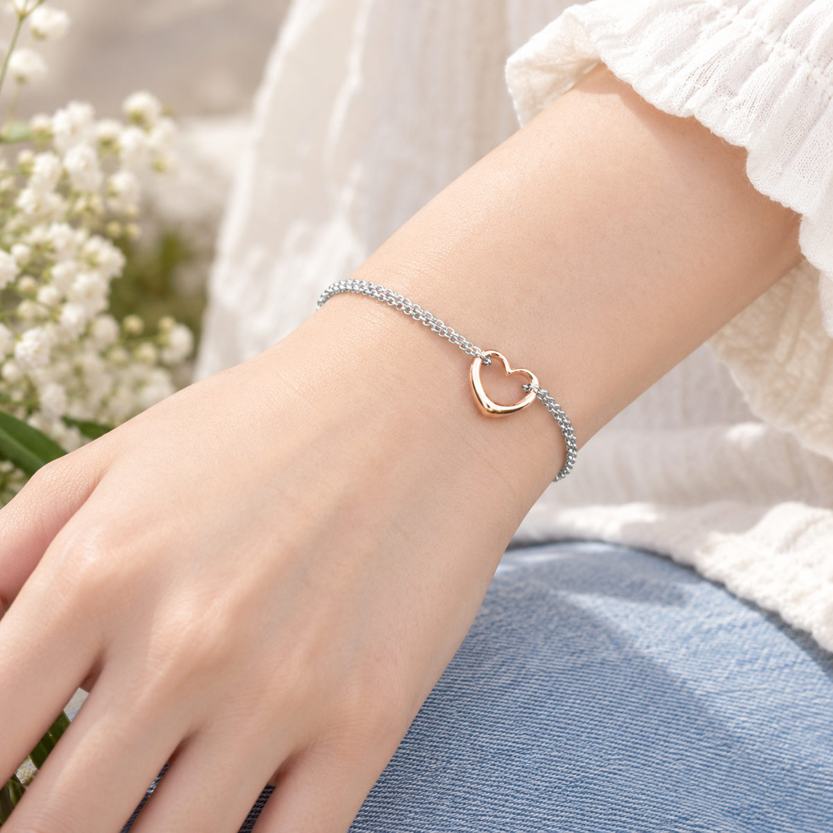 Two Tone Open Heart Bracelet Rhodium Rose Gold 925 Silver Italy Slider 7.5in