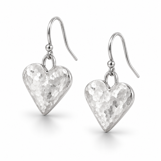 Hammered Textured Heart Dangle Earrings Oxidized 925 Sterling Silver 20mm