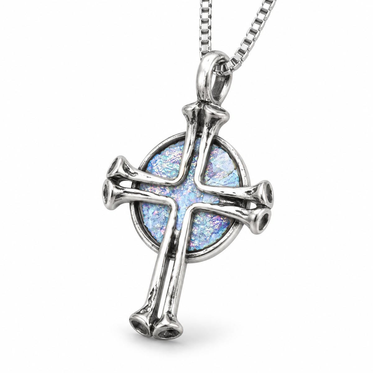 Roman Glass Round Cross Necklace 925 Silver 8.5mm 32x19mm Box Chain w/Cert
