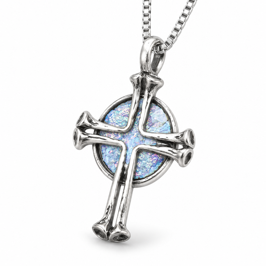 Roman Glass Round Cross Necklace 925 Silver 8.5mm 32x19mm Box Chain w/Cert