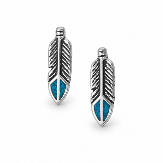 Oxidized Turquoise Chip Inlay Feather Stud Earrings 925 Silver 14mm