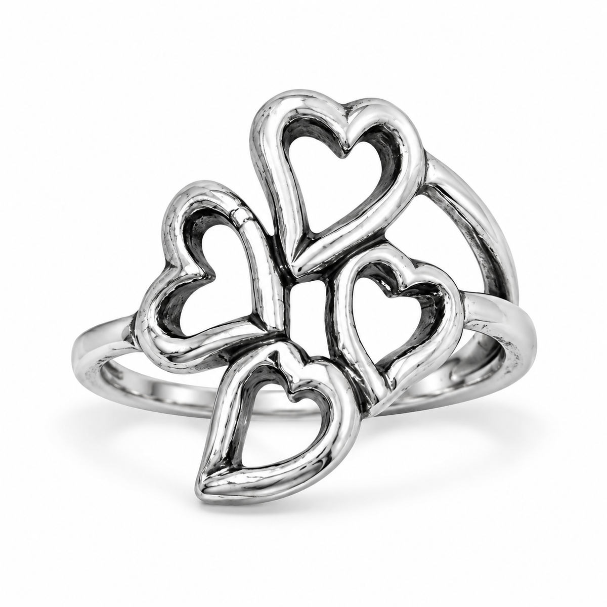 Oxidized Stacked Four Heart Outline Ring 925 Sterling Silver 19.5x15.2mm Sizes 6-9