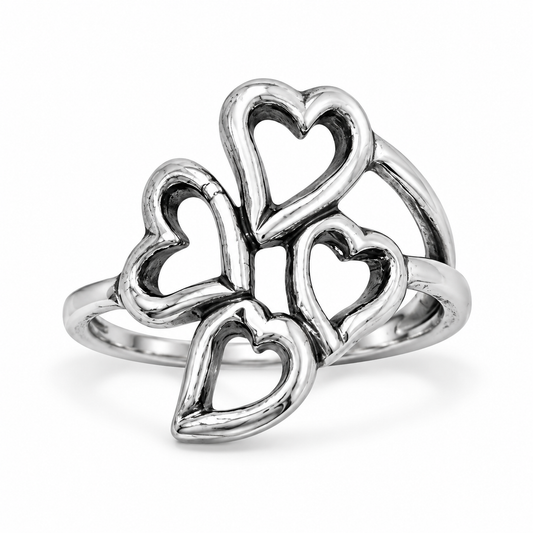 Oxidized Stacked Four Heart Outline Ring 925 Sterling Silver 19.5x15.2mm Sizes 6-9