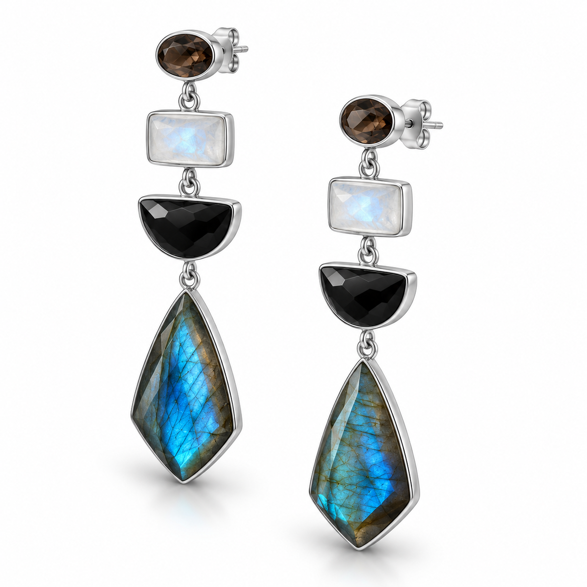 Multistone Geometric Drop Earrings Rhodium Plated 925 Sterling Silver 2.8 Inch