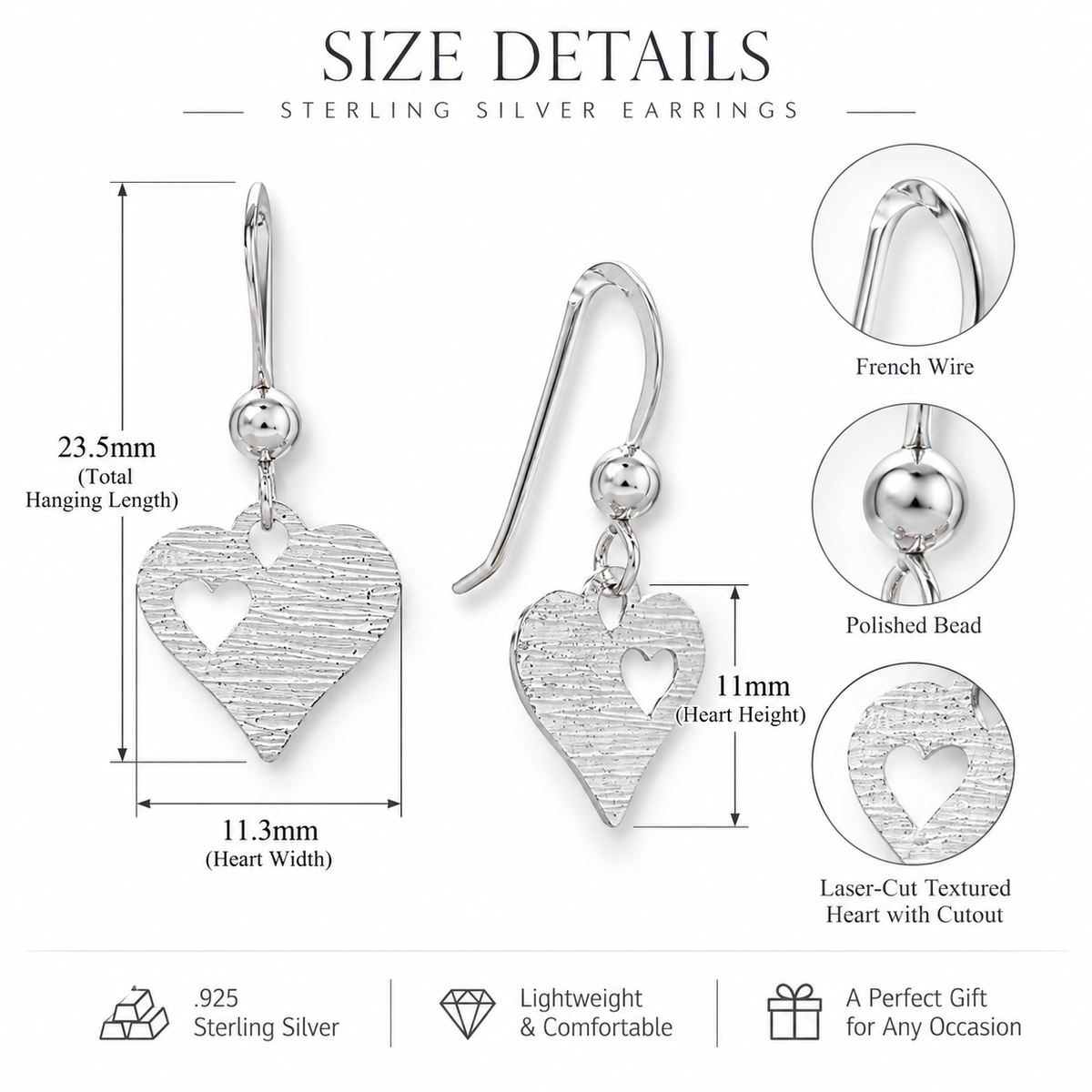 Laser Cut Heart French Wire Earrings 925 Sterling Silver 23.5mm