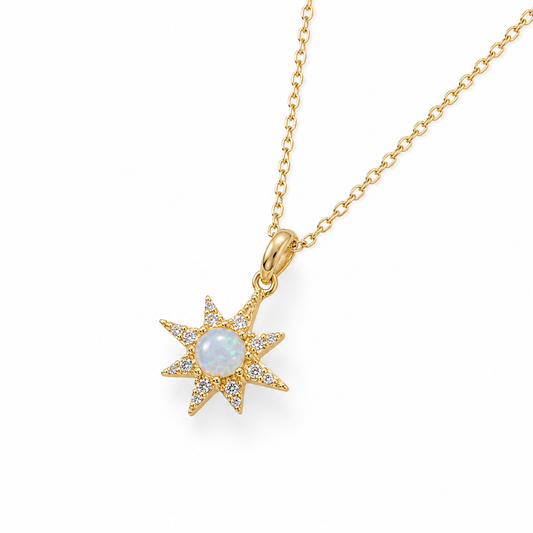 CZ North Star Synthetic Opal Necklace 14K Gold Plated 925 Silver 14.1x20.5mm