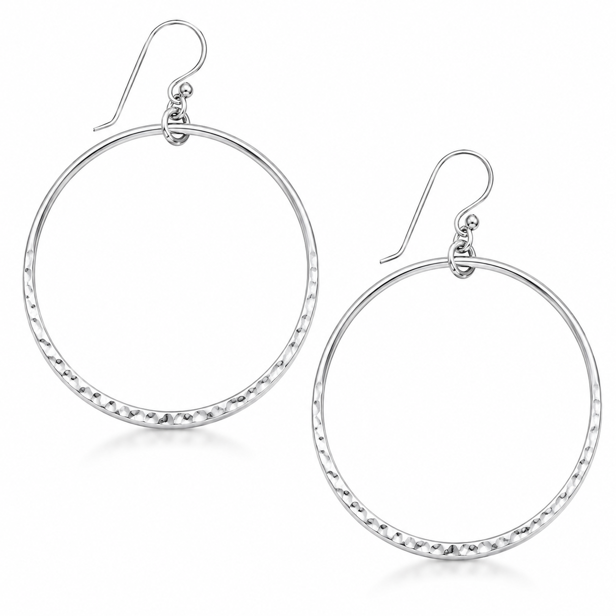 Hammered Open Circle Drop Earrings 925 Sterling Silver 35mm