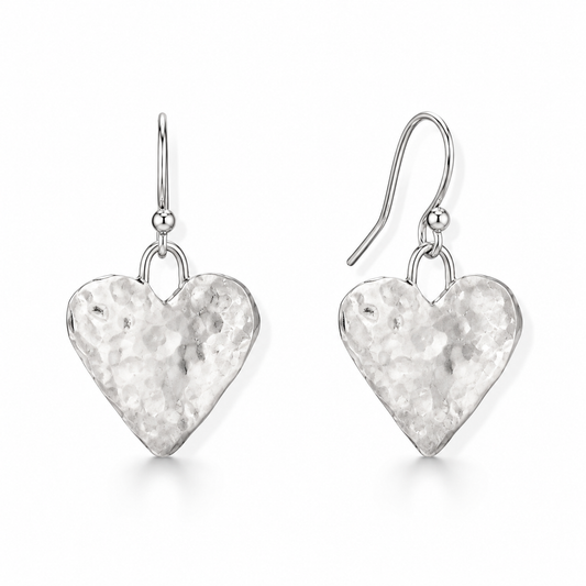 Hammered Textured Heart Dangle Earrings Oxidized 925 Sterling Silver 20mm