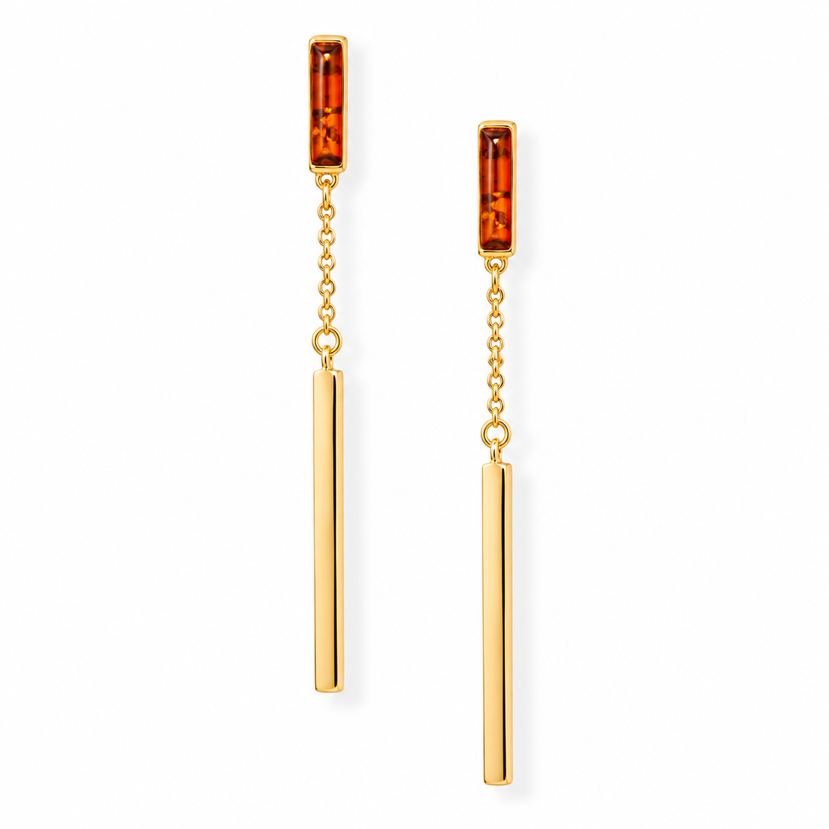Baltic Amber Bar Earrings 24K Gold Plated 925 Sterling Silver Poland 60mm