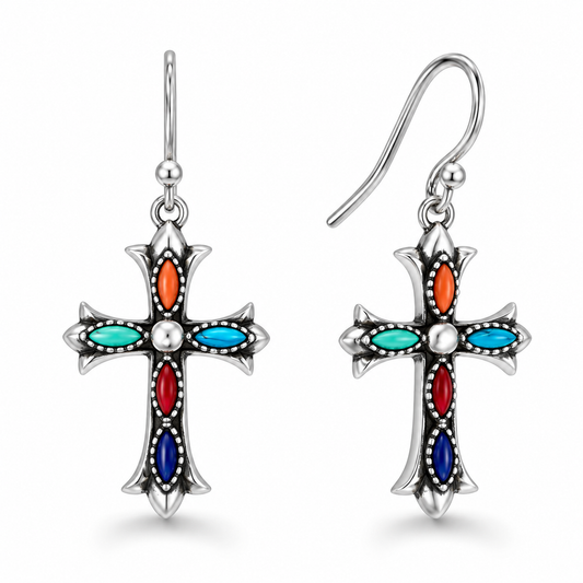 Multicolor Marquise Gemstone Cross Dangle Earrings Oxidized 925 Sterling Silver