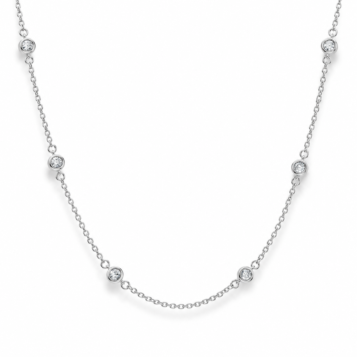 Bezel Set CZ Necklace Rhodium Plated 925 Sterling Silver 4mm Spring Ring 16+2