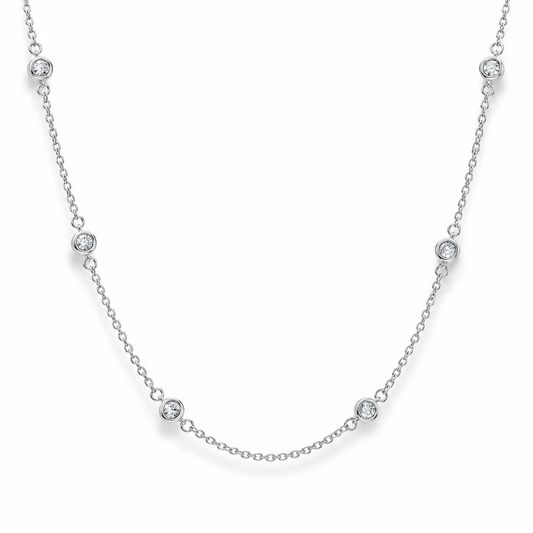 Bezel Set CZ Necklace Rhodium Plated 925 Sterling Silver 4mm Spring Ring 16+2
