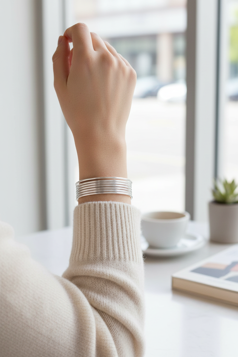 Female model wearing 7-piece bangle set - casual style