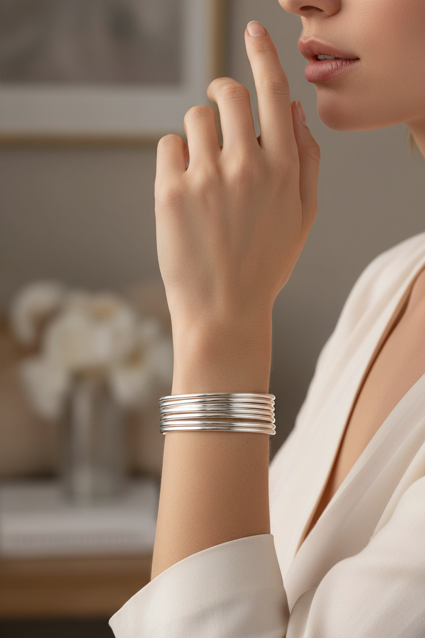 Female model wearing 7-piece bangle set - close-up