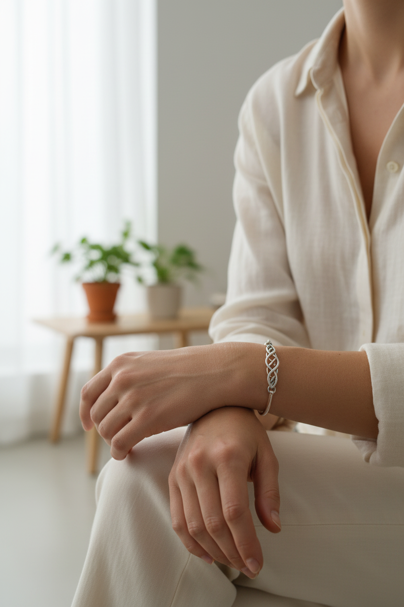 Female model wearing Celtic knot bangle - casual style