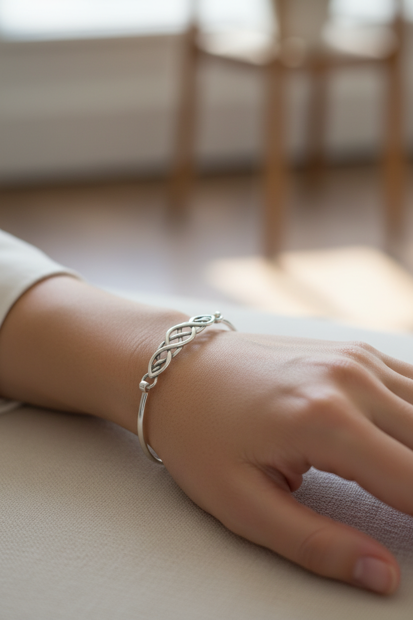 Female model wearing Celtic knot bangle - elegant pose