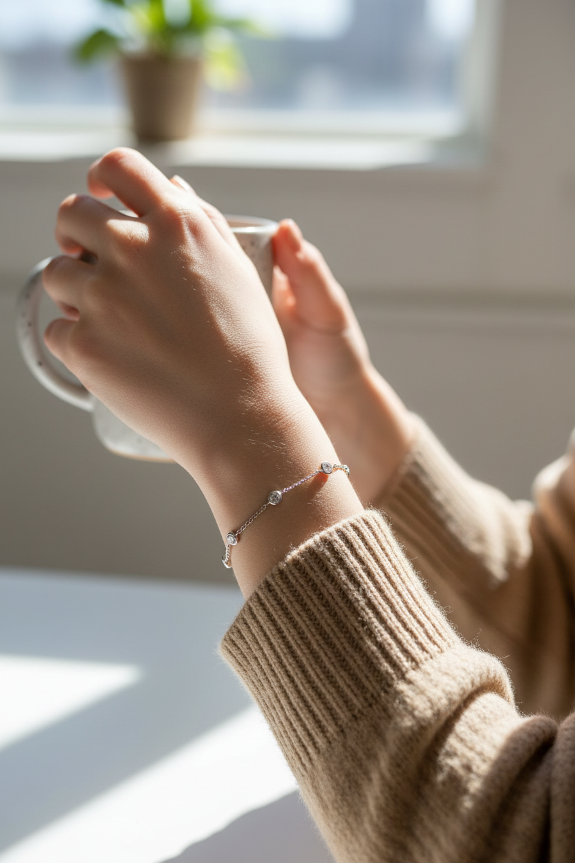 Female model wearing CZ bracelet - casual style
