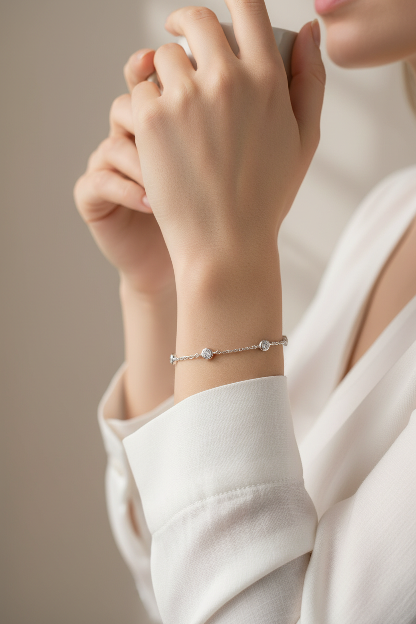 Female model wearing CZ bracelet - elegant pose