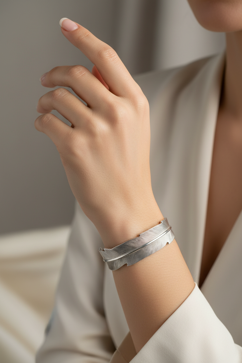 Female model wearing feather cuff bracelet - close-up