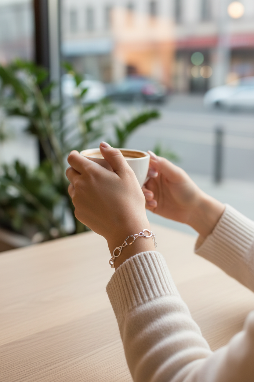 Female model wearing figure 8 bracelet - lifestyle scene