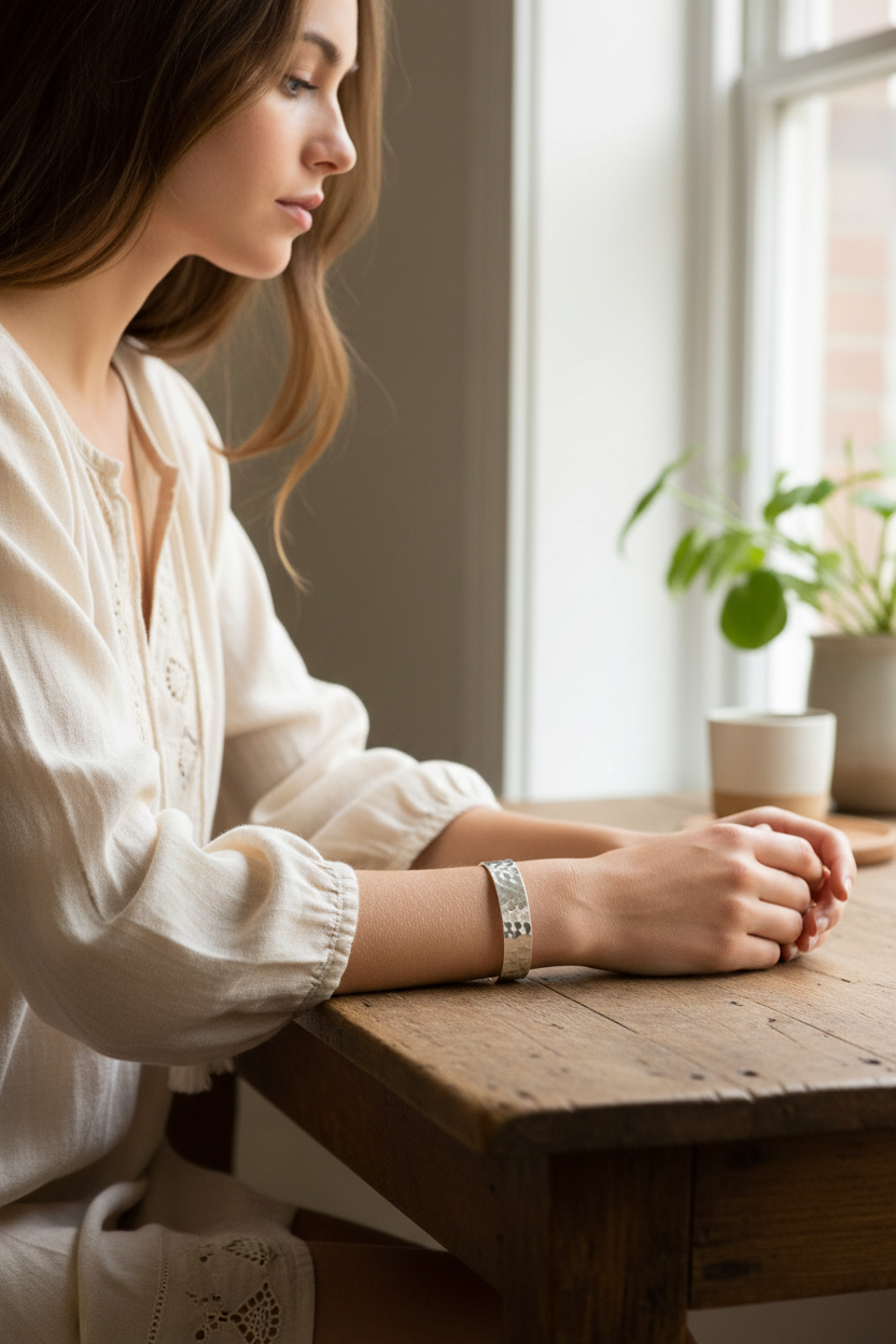 Female model wearing hammered cuff bracelet - casual style