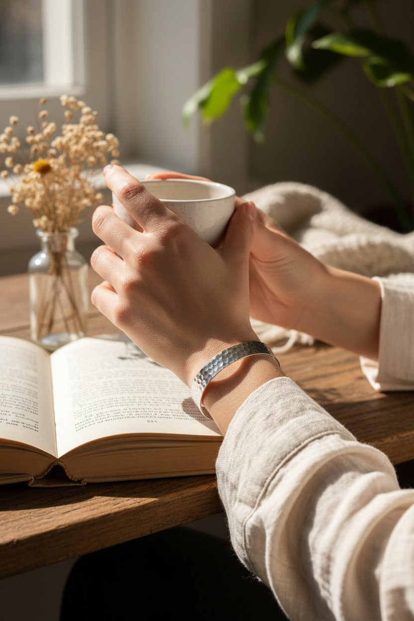 Female model wearing hammered cuff bracelet - lifestyle scene