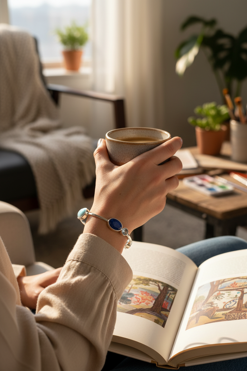 Female model wearing multi-stone bangle - lifestyle scene
