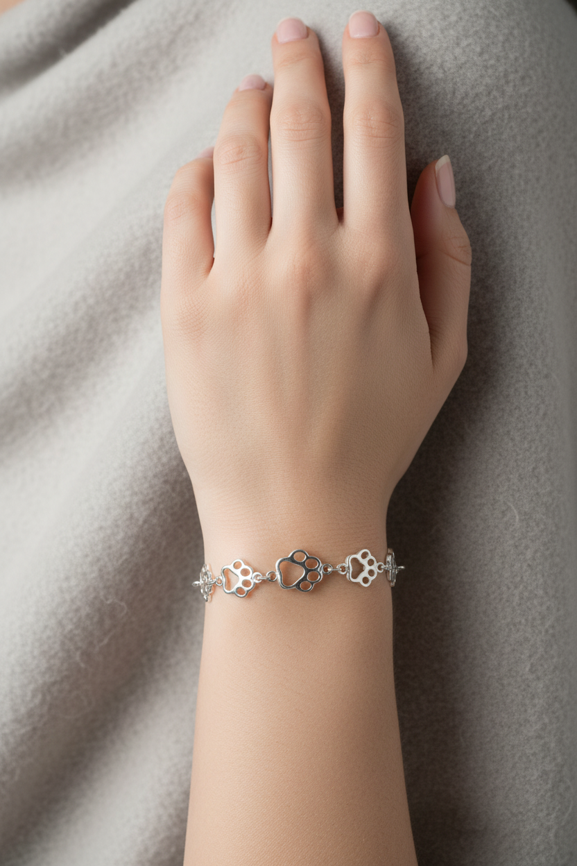 Female model wearing paw print bracelet - elegant pose