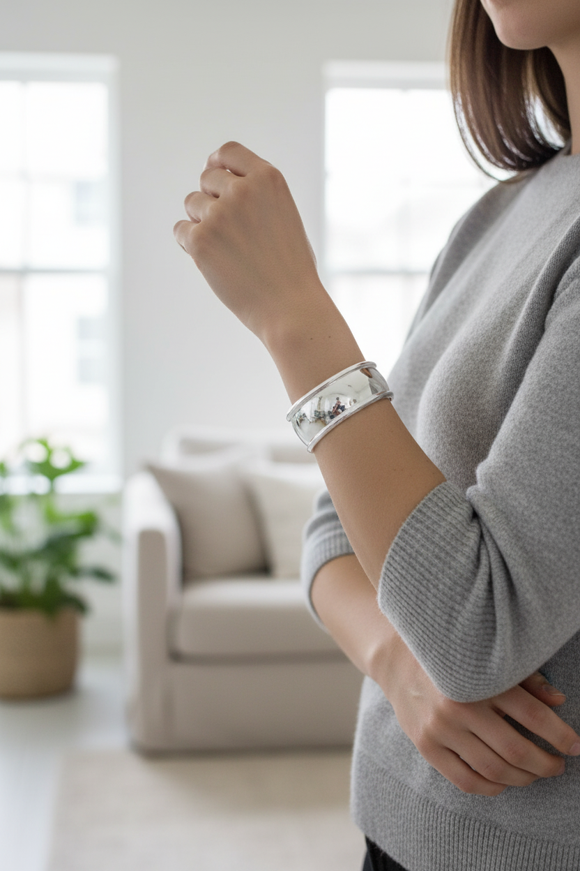 Female model wearing polished cuff bracelet - casual style