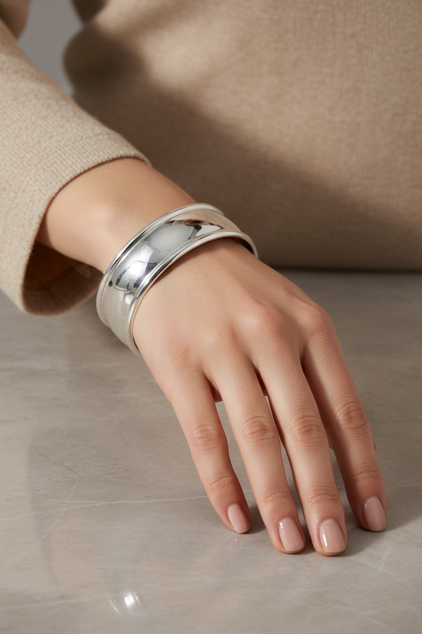 Female model wearing polished cuff bracelet - close-up