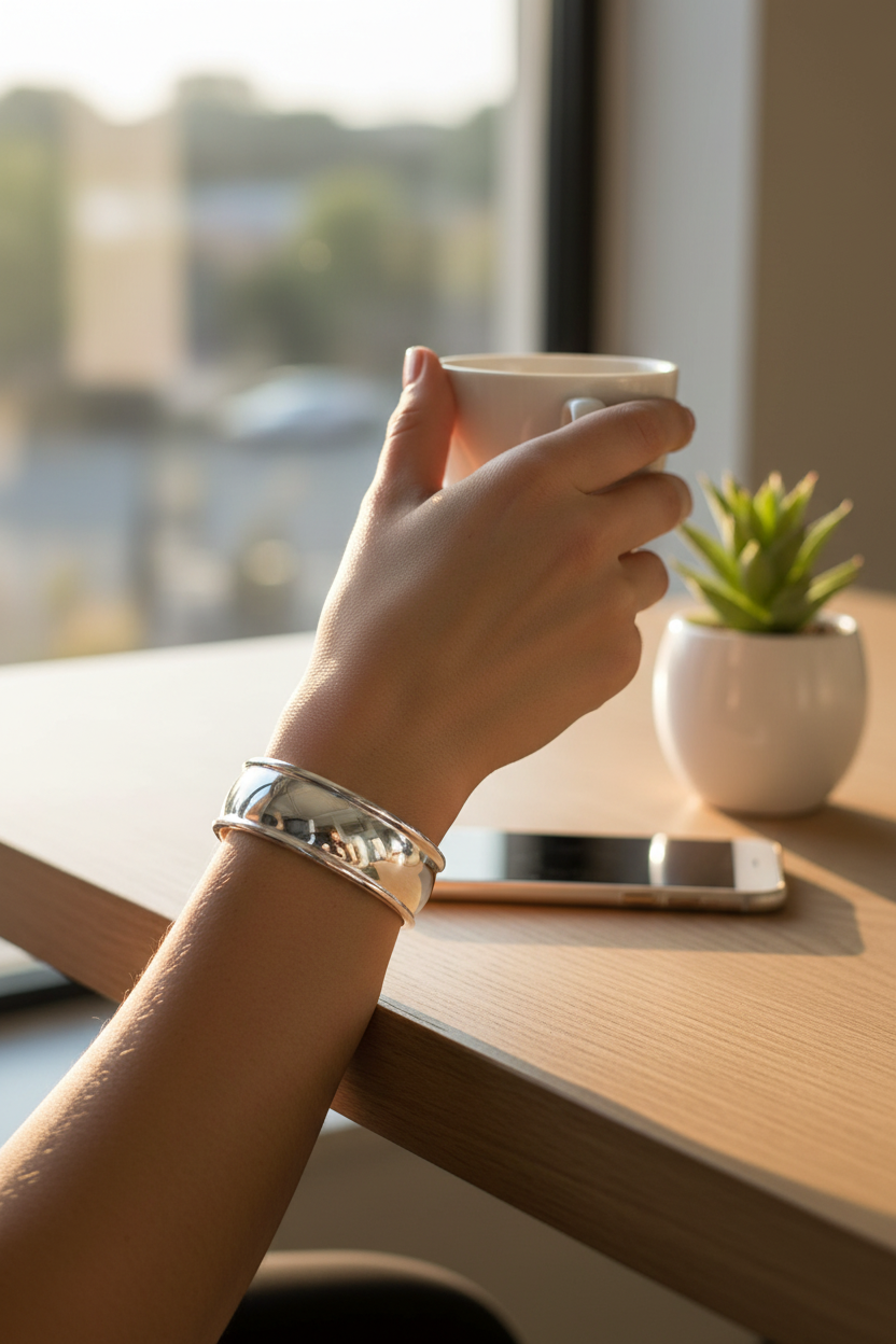 Female model wearing polished cuff bracelet - lifestyle scene